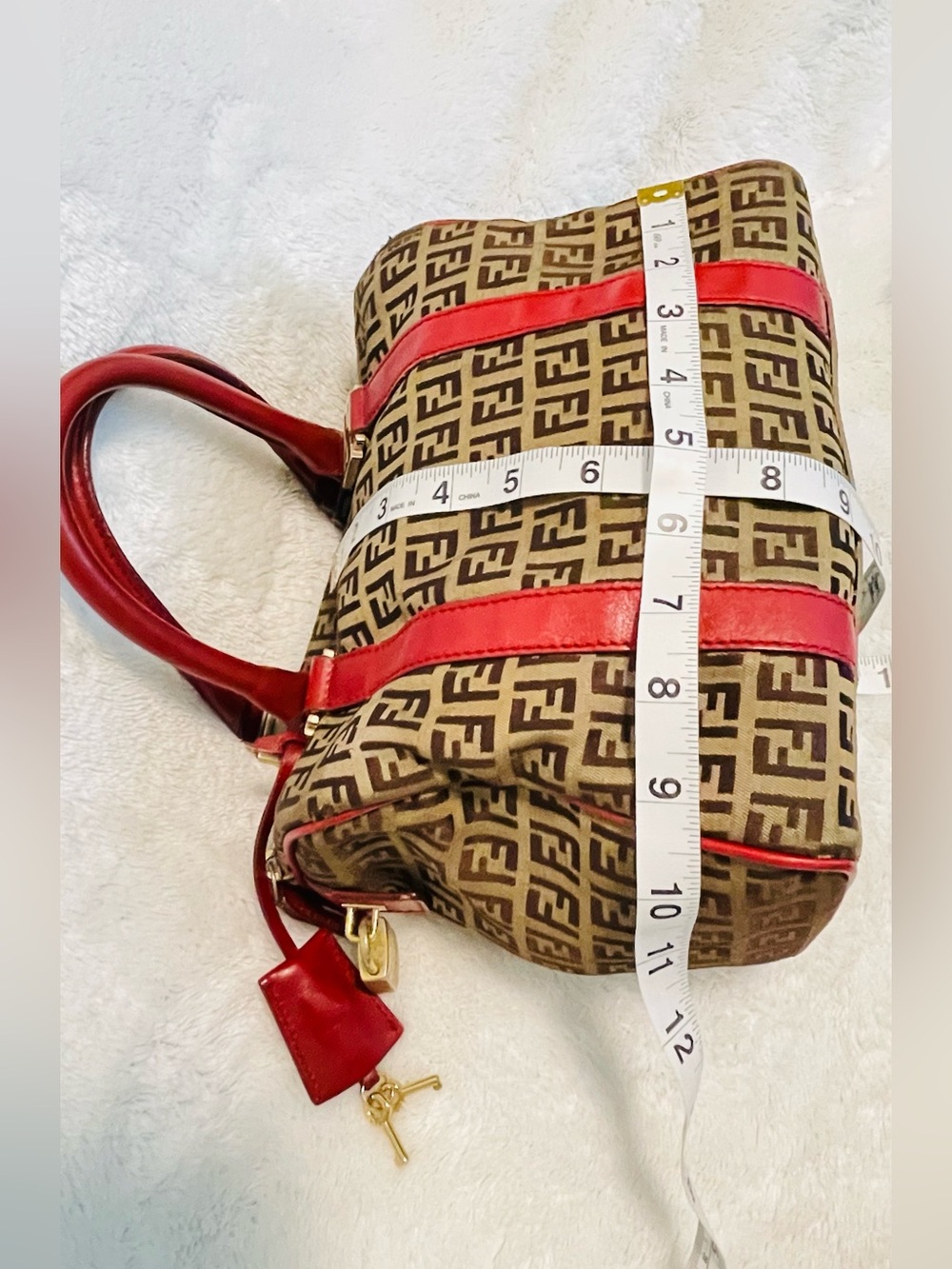 Fendi Authentic Brown Zucca Canvas Satchel with Red Leather Trim - Picture 8 of 15